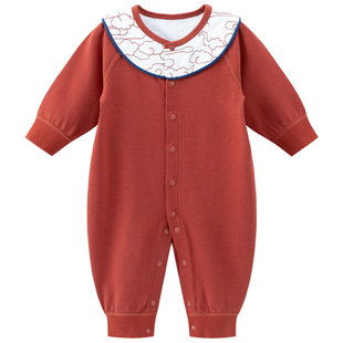 木生棉男女宝宝连体衣春秋季婴儿百天红色喜庆满月服哈衣爬服春款