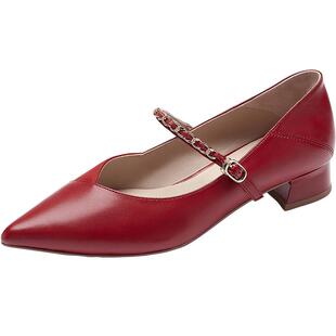 蔡文静同款莱尔斯丹玛德琳时刻尖头羊皮粗跟黑色玛丽珍单鞋女1311