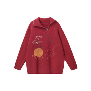 PCMY跨年穿搭过年立领酒红色情侣提花毛衣外套男女冬季针织衫上衣