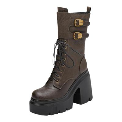 马丁靴2025秋冬新款英伦风厚底粗跟高跟真皮棕色中筒靴女士皮靴子