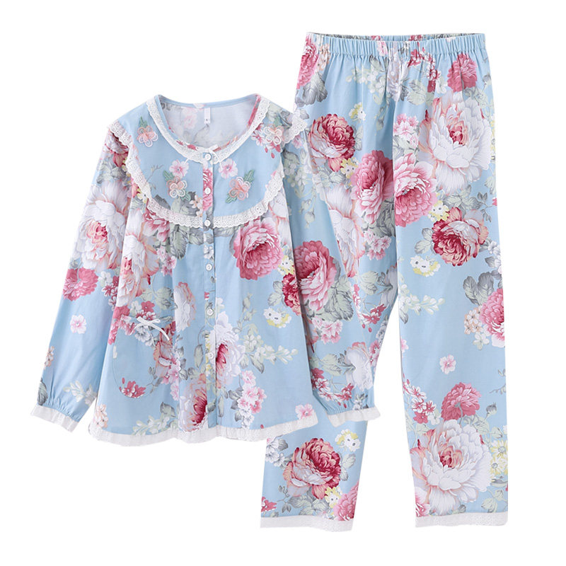 睡衣女春秋加大码甜美女式梭织棉布夏季薄碎花纯棉长袖家居服套装
