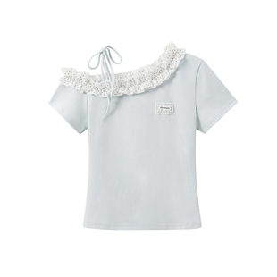 奶油的宇宙 波点捏褶花边绑带斜肩短袖T恤女小清新蓝色修身短上衣