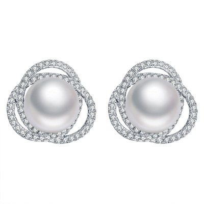 BRI.R/佰色传情9-10mm淡水珍珠S925银花朵简约百搭耳钉耳环耳饰