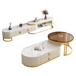 意式岩板茶几电视柜组合客厅家用小户型现代轻奢可伸缩圆形小桌子