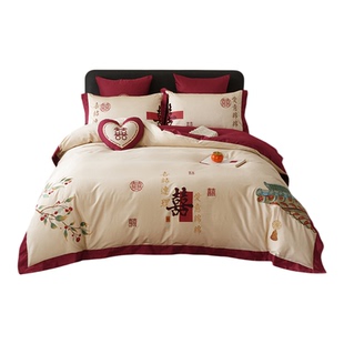 年轻人的婚房丨结婚红色纯棉全棉四件套高端长绒棉女方陪嫁床品