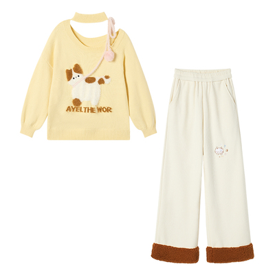 织物猪 布蕾芒挞 甜美风黄色斜领露肩毛衣女秋可爱宽松针织衫上衣