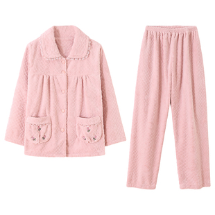 睡衣女款冬季珊瑚绒加绒加厚2025新款法兰绒中老年妈妈大码家居服