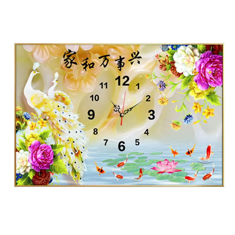 钟表钻石画十字绣孔雀花开富贵