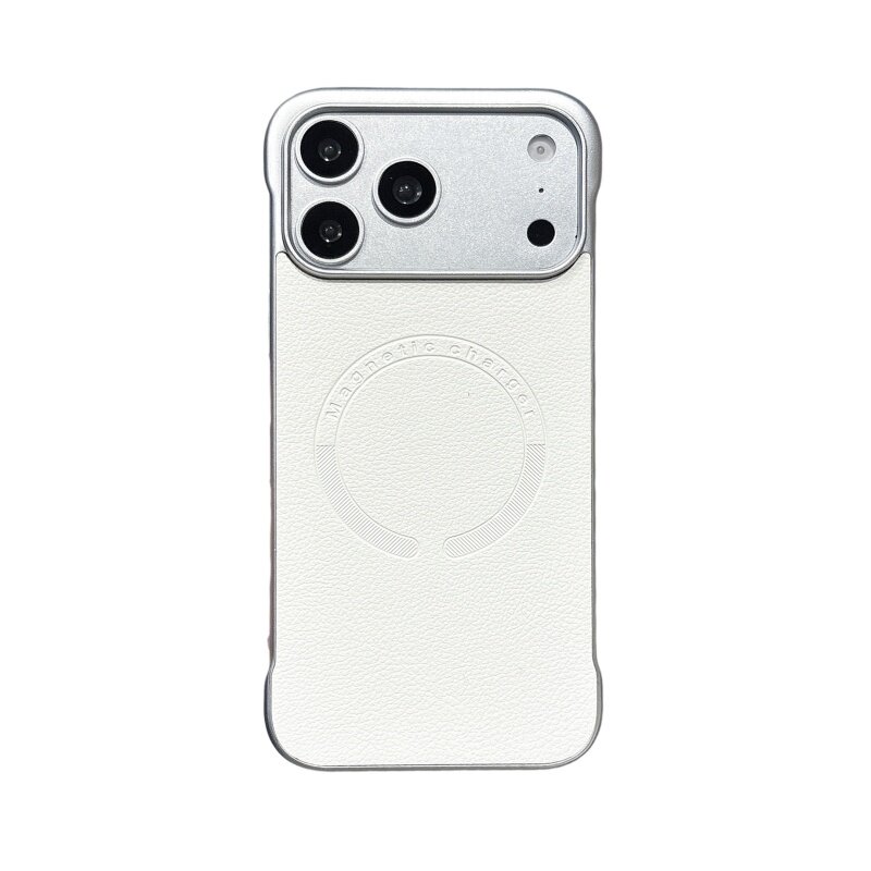 轻奢贴皮荔枝纹无边框硬壳字母磁吸iPhone17ProMax手机壳苹果16简约15ProMax