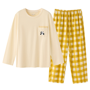 松山棉店松团儿熊猫圆领长袖家居服套装棉莫抗静电情侣睡衣男女士