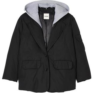 SANDRO秋冬女装法式时尚优雅休闲黑色撞色短款拼接连帽棉衣外套