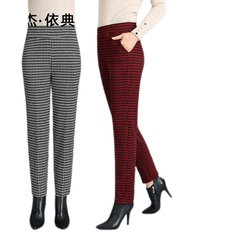 秋冬休闲黑红格子毛呢女裤2020年加绒中老年新款厚款保暖舒适A518