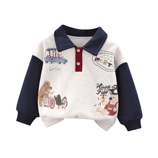 古卡恩男童加绒卫衣秋冬装小童宝宝加厚翻领上衣婴儿童拼色打底衫