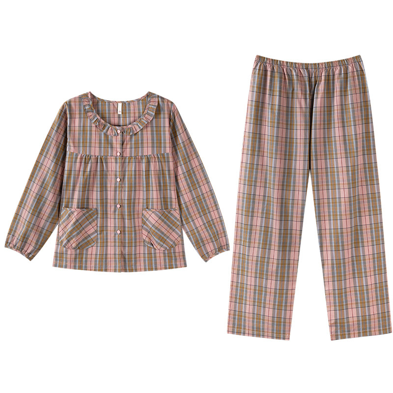 新一步梭织纯棉开衫睡衣女长袖格子印花秋季中年妈妈家居服套装