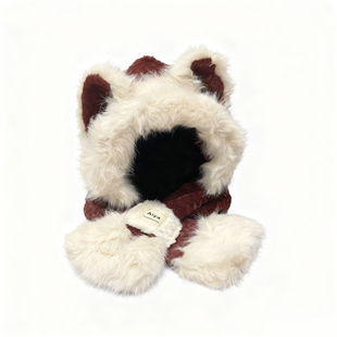 可爱狐狸毛绒帽子围脖一体女秋冬季加厚防寒保暖骑车两件套护耳帽