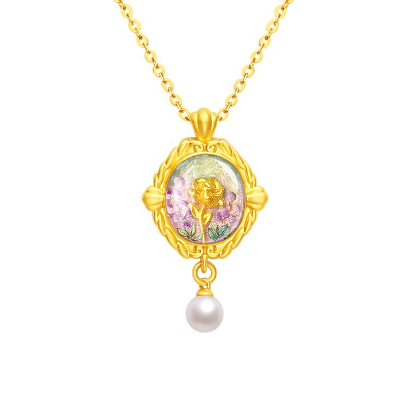 周大生黄金吊坠莫奈联名玫瑰花足金珍珠项链挂坠生日礼物女生
