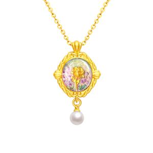 周大生黄金吊坠莫奈联名玫瑰花足金珍珠项链挂坠生日礼物女生