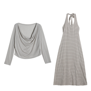 曾小咸重要场合大码女装 微胖mm挂脖条纹连衣裙2025新款时髦套装