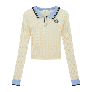 橘子树在哪儿撞色polo领刺绣针织衫女秋季设计感修身显瘦短款上衣