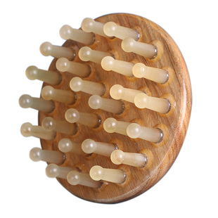 绿檀木牛角头部按摩梳宽齿加厚经络指环梳子洗头皮头疗梳脱发家用