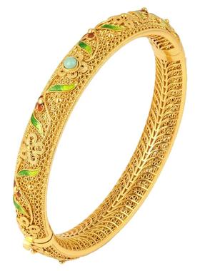 手工掐丝镂空珐琅花叶银鎏金手镯