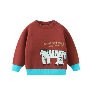 [骏马福裳][100%棉]齐齐熊男童毛衣冬款加厚宝宝针织红色儿童新年