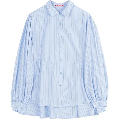 KEIKO 甜妹风蓝色条纹长袖衬衫女26春季气质百搭泡泡袖上衣娃娃衫