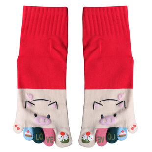 内田猪头女棉袜卡通五指袜中筒棉质可爱女式分脚趾防臭女袜子四季