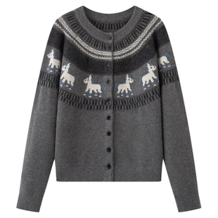 画风drawwind2026早春新款小马提花针织开衫女宽松小圆领毛衣外套