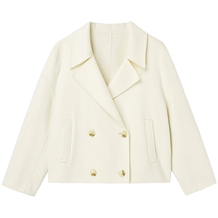 布景毛呢外套女短款冬季新品简约西装领双排扣含羊毛大衣1157