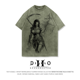 TEE7-暴雪暗黑2国服Diablo2无限镰刀电法水洗做旧美式纯棉短袖T恤