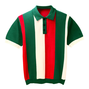 夏季新款休闲时尚翻领t恤针织短袖男 高级绿色条纹拼色男士polo衫