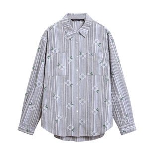 Desigual26春夏新品宽松条纹十字绣花翻领长袖女式衬衫