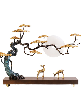 福松财鹿黄铜迎客松摆件新中式