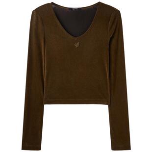 U/TI军绿色丝绒感V领打底衫女 百搭修身亲肤上衣尤缇时尚冬季新款