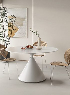 意式极简纯白色岩板餐桌家用小户型简约现代奶油风圆形餐桌侘寂风