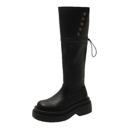 两穿长筒靴女复古黑色2025秋冬季新款厚底显瘦堆堆靴不过膝骑士靴