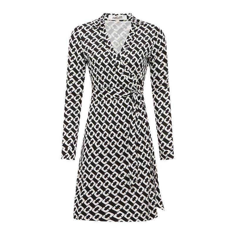 [100%真丝 品牌经典]DVF黑白锁链V领短款裹身连衣裙MR39E00