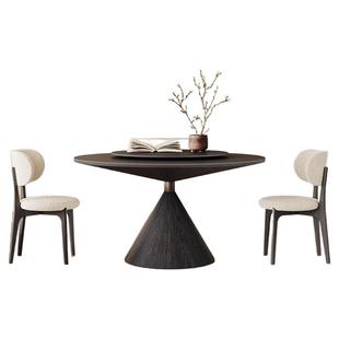 纯黑实木圆形餐桌带转盘家用小户型现代简约轻奢高端飞碟岩板餐桌