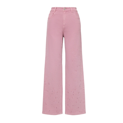 雅莹烫钻长绒棉高腰直筒牛仔裤