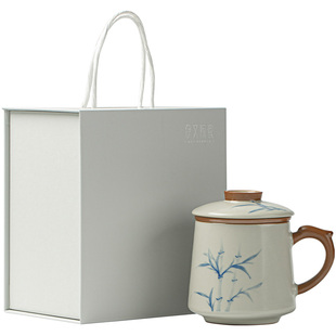 伊文陶瓷惜竹高档汝窑办公泡茶杯茶水分离礼盒送教师领导生日礼物