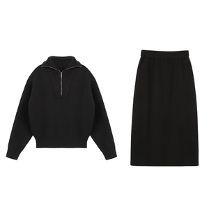 pusumede 黑色半高领拉链针织毛衣女秋冬季宽松显瘦针织打底上衣