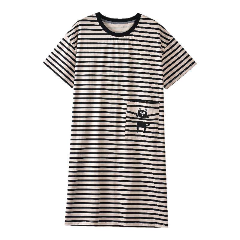 韩版休闲条纹睡裙夏短袖连衣裙女士圆领套头家居服纯棉质家居服裙