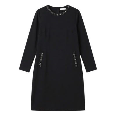 秋冬长袖黑色礼服钉珠口袋连衣裙