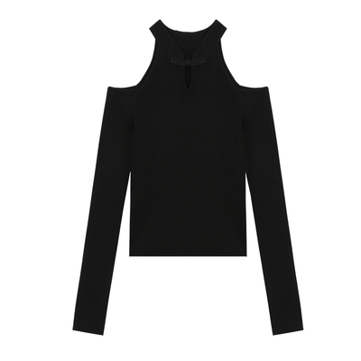 NEVA HU 月光诗集 新中式盘扣针织衫女露肩气质挂脖长袖t恤上衣