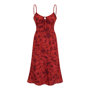 Go Girl Go 自制法式复古红色印花吊带裙中长款度假连衣裙女夏