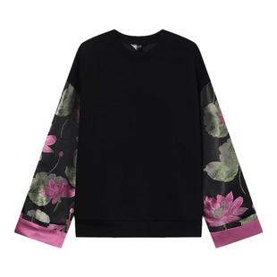 白鹿语异质拼接织花长袖上衣秋新款复古时尚圆领微弹女式卫衣