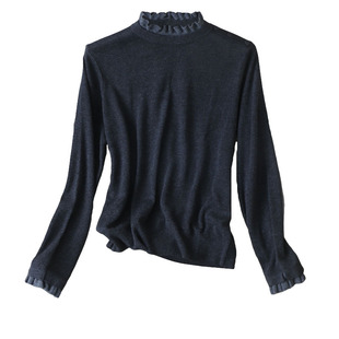 人见人爱~肩扣设计撞色木耳花边半高领显瘦修身针织衫打底衫秋冬