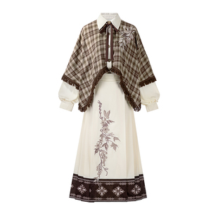 新中式汉服冬装新款改良汉元素披肩格子上衣马面裙小个子日常可穿