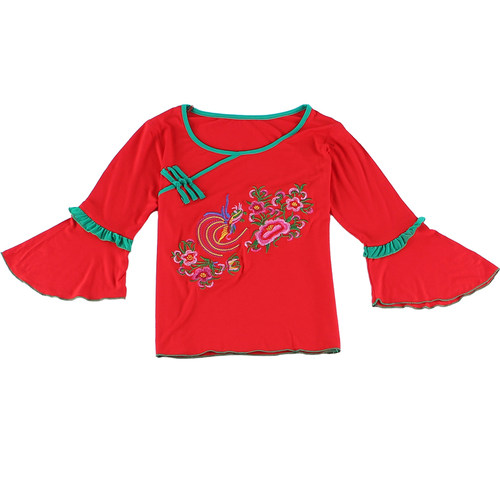 喇叭袖绣花广场舞服装女春夏莫代尔舞蹈练功服大码跳舞上衣表演服